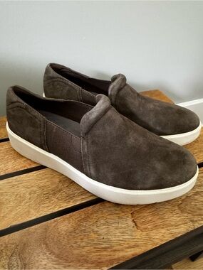 Clarks Sage Green Suede Slip-On Sneakers with White Sole